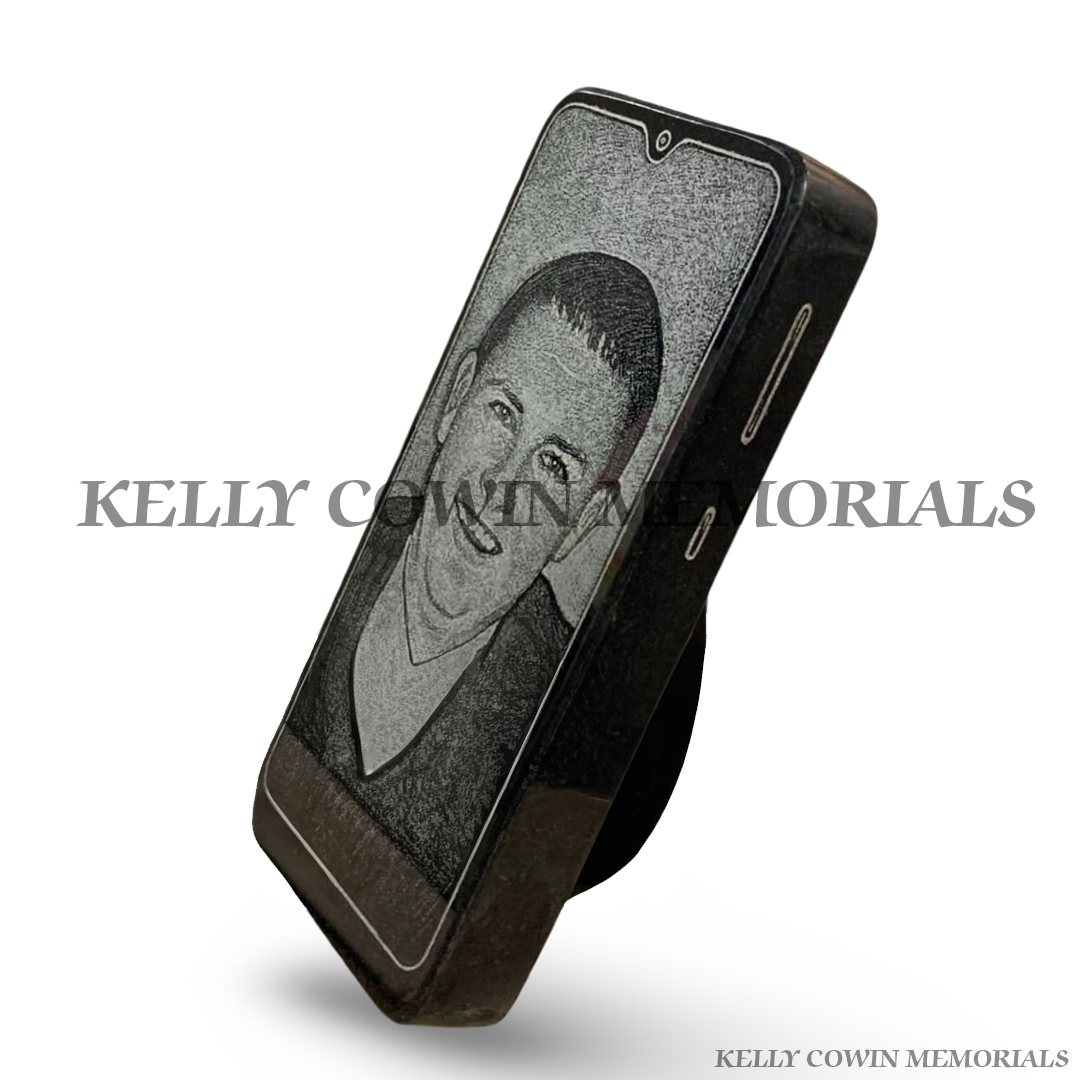 Side angle of black granite phone-style memorial plaque with stand