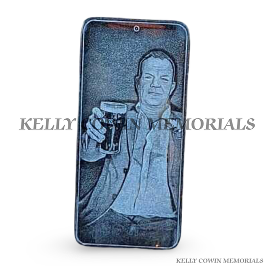 Black granite smartphone memorial plaque with etched portrait