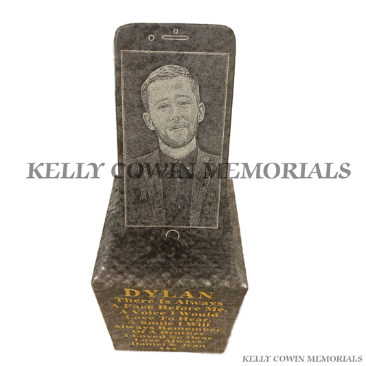 Black granite smartphone memorial plaque with gold inscription
