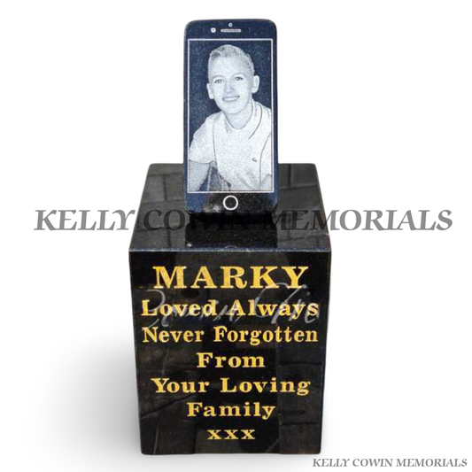 Black granite smartphone memorial with base and gold inscription