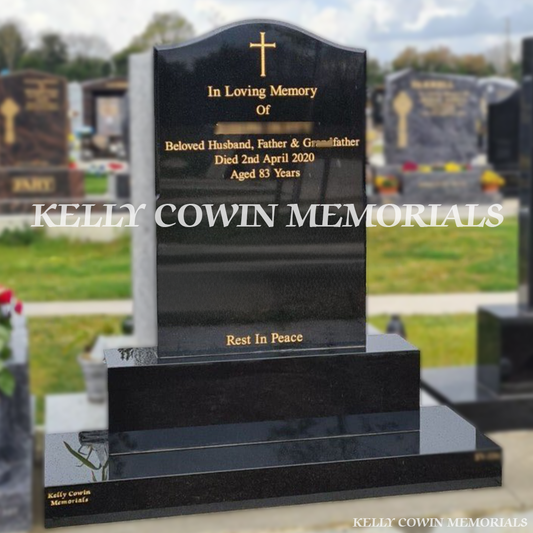 Front view of Black Granite OG headstone with gold inscription on base and plinth in Dardistown Cemetery Dublin