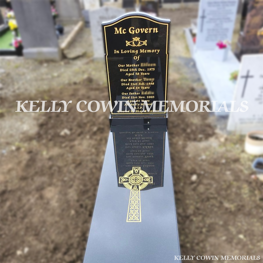 Front profile of an OG-shaped Black Granite headstone with kerbing and full slab, installed by Kelly Cowin Memorials in Glasnevin Cemetery, Dublin.