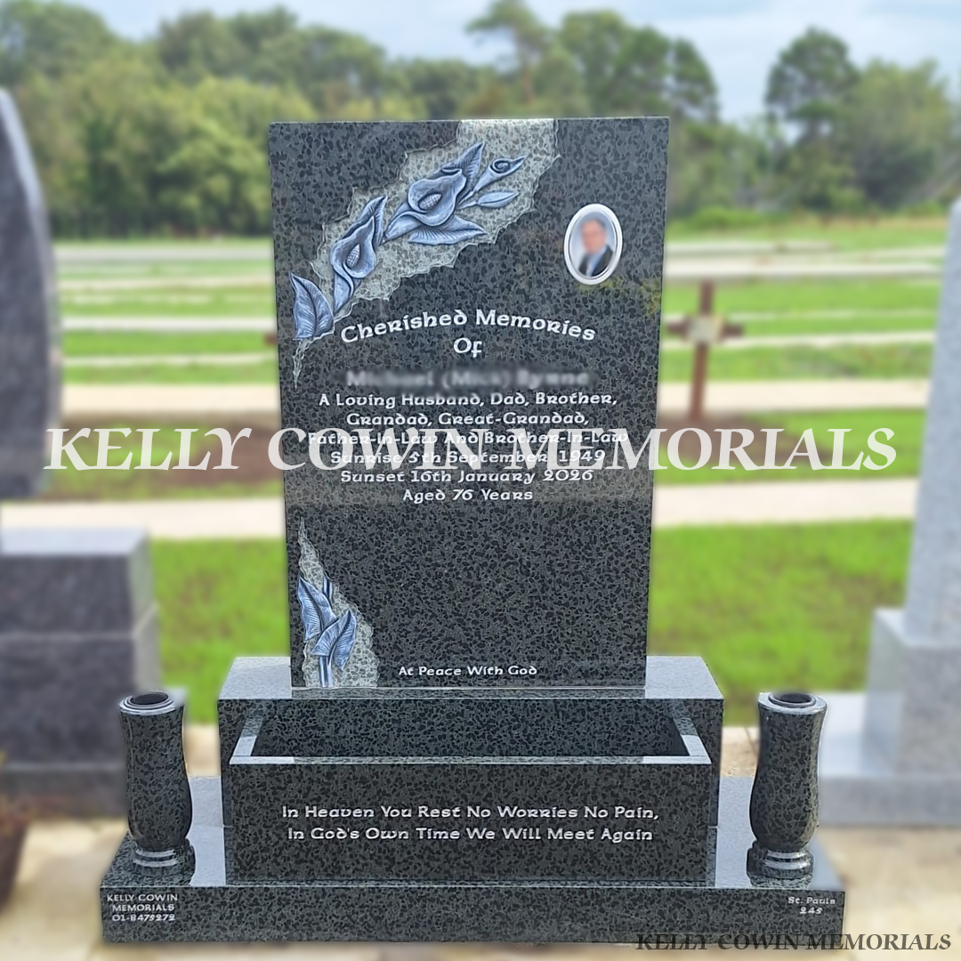 Black Pearl granite rose carved headstone with ceramic photo, silver inscription, flowerbox and matching vases in Balgriffin Cemetery Dublin