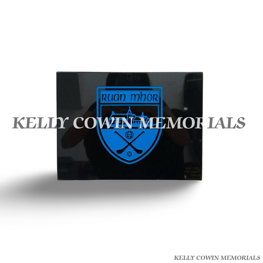 Black granite memorial plaque with custom blue GAA-style crest engraving by Kelly Cowin Memorials Dublin Ireland