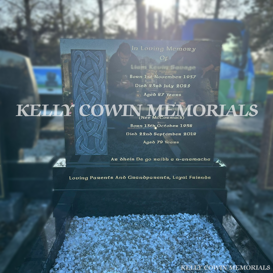 “Black granite rectangular headstone with carved Celtic cross and full kerbing installed in Fingal Cemetery Dublin.”