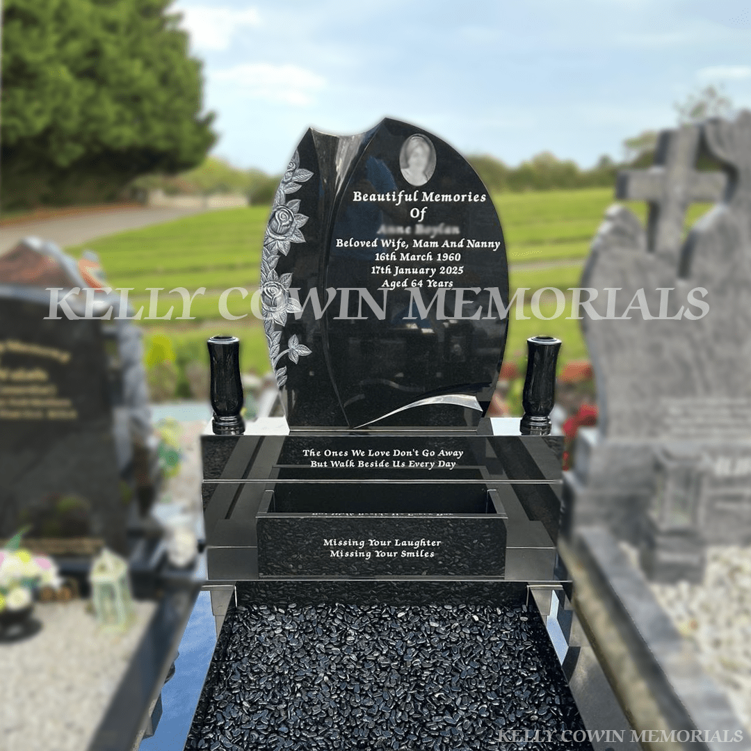 Black Granite Rose Carved Headstone & Kerbing| Ardla Cemetery - Kelly Cowin Memorials