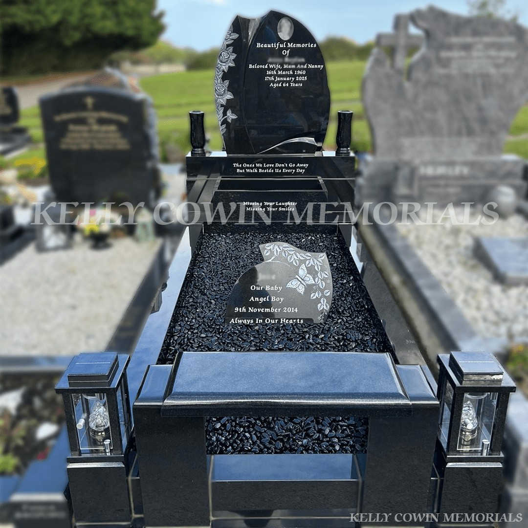 Black Granite Rose Carved Headstone & Kerbing| Ardla Cemetery - Kelly Cowin Memorials