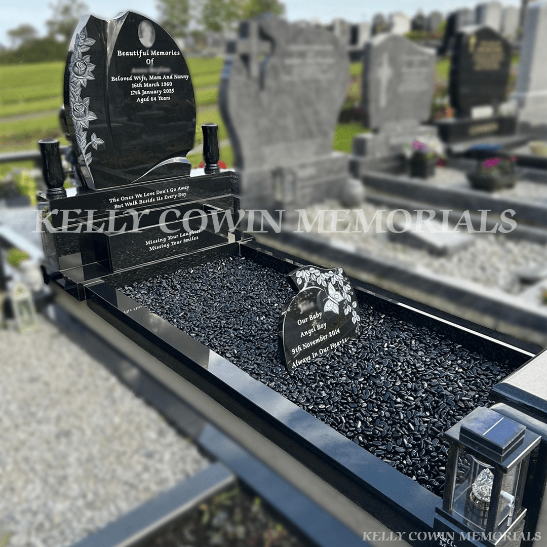 Black Granite Rose Carved Headstone & Kerbing| Ardla Cemetery - Kelly Cowin Memorials