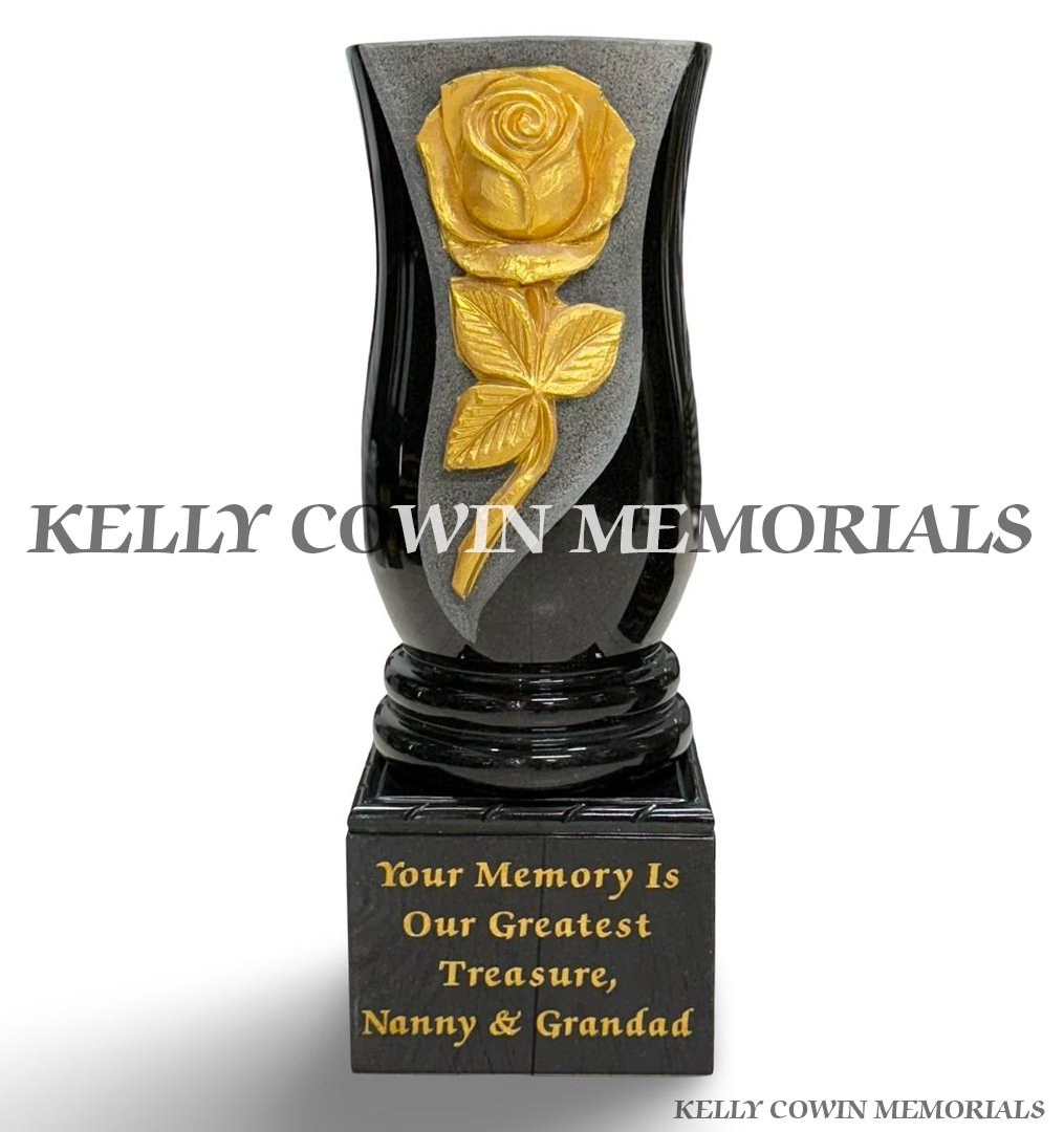 Black granite memorial vase with gold carved rose on personalised inscription block with decorative rope detailing.
