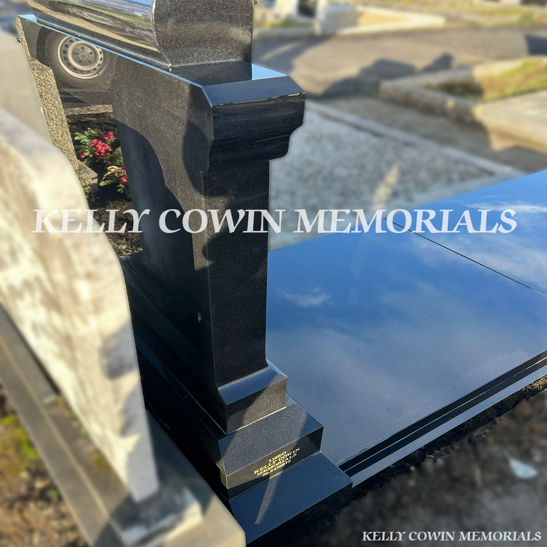 Back view of custom Black Granite scroll headstone highlighting Dublin headstone craftsmanship by Kelly Cowin Memorials
