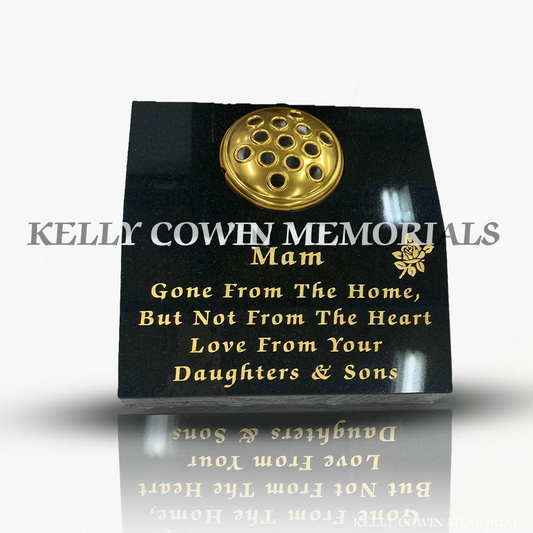 Black granite sloped memorial vase with gold inscription by Kelly Cowin Memorials