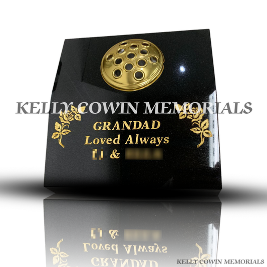 Front view of Black Granite sloped memorial vase with gold inscription