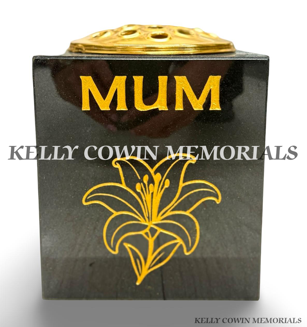 Black granite square memorial flower vase with personalised gold inscription, engraved lily design and gold flower holder.