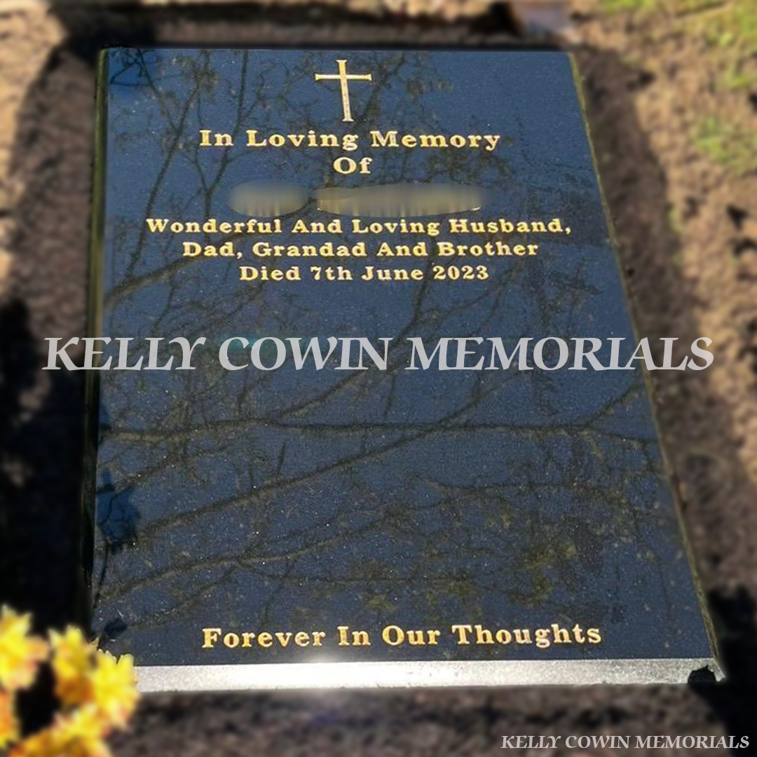 Black granite St Fintan’s style headstone with gold inscription in St Fintan’s Cemetery Sutton
