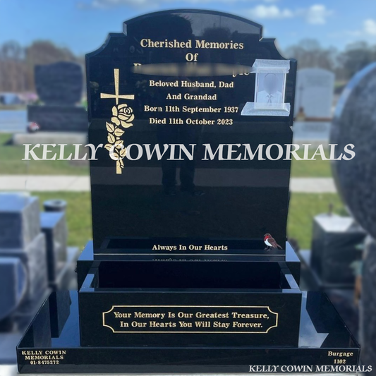 Front view of Black Granite Top Nine headstone with gold inscription and square ceramic photograph in Balgriffin Cemetery Dublin