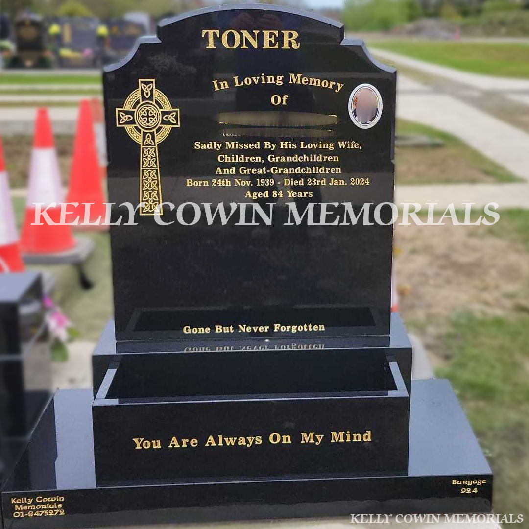 Black granite Top Nine headstone erected in Balgriffin Cemetery Dublin by Kelly Cowin Memorials
