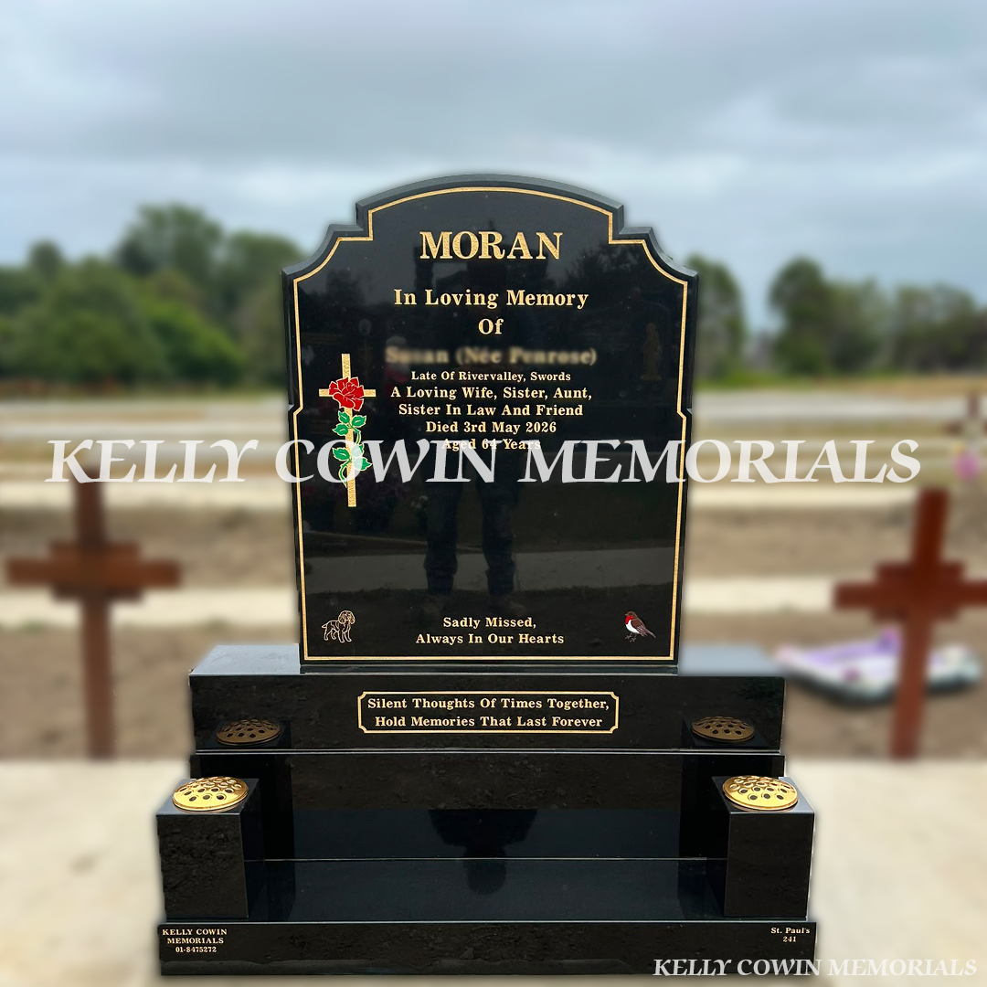Black Top Nine granite headstone with sub base, base, plinth, two square granite vases and 23.5ct gold leaf inscription installed in Balgriffin Cemetery, Dublin by Kelly Cowin Memorials.