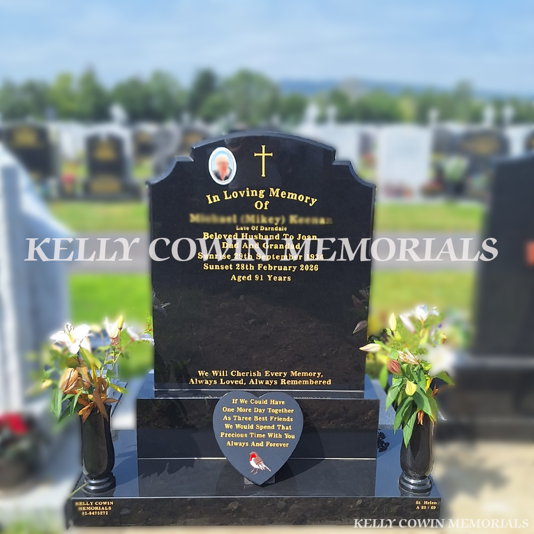 Black Granite Top Nine headstone with gold leaf inscription, ceramic photo, personalised heart plaque and matching granite flower vases installed in Shanganagh Cemetery by Kelly Cowin Memorials.