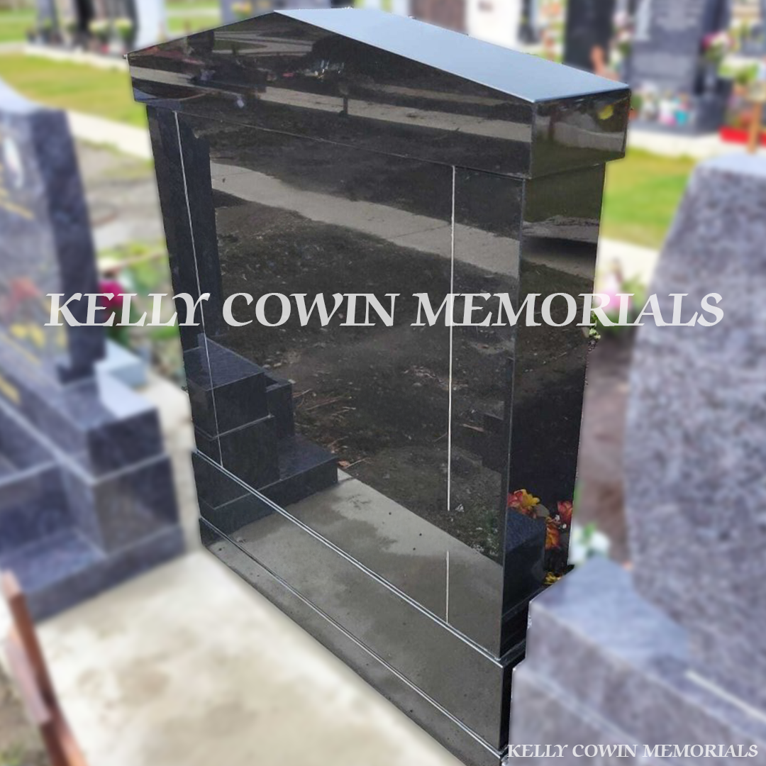 Back view of Black Granite Top Nine headstone highlighting Dublin headstone craftsmanship by Kelly Cowin Memorials