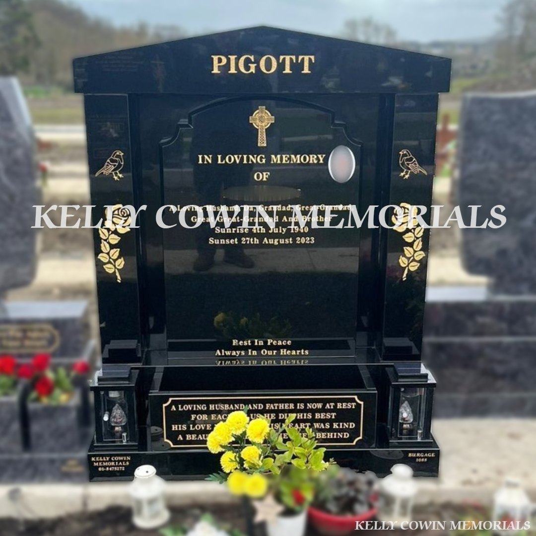 Front view of Black Granite Top Nine headstone with pillars, cap and flower box in Balgriffin Cemetery Dublin