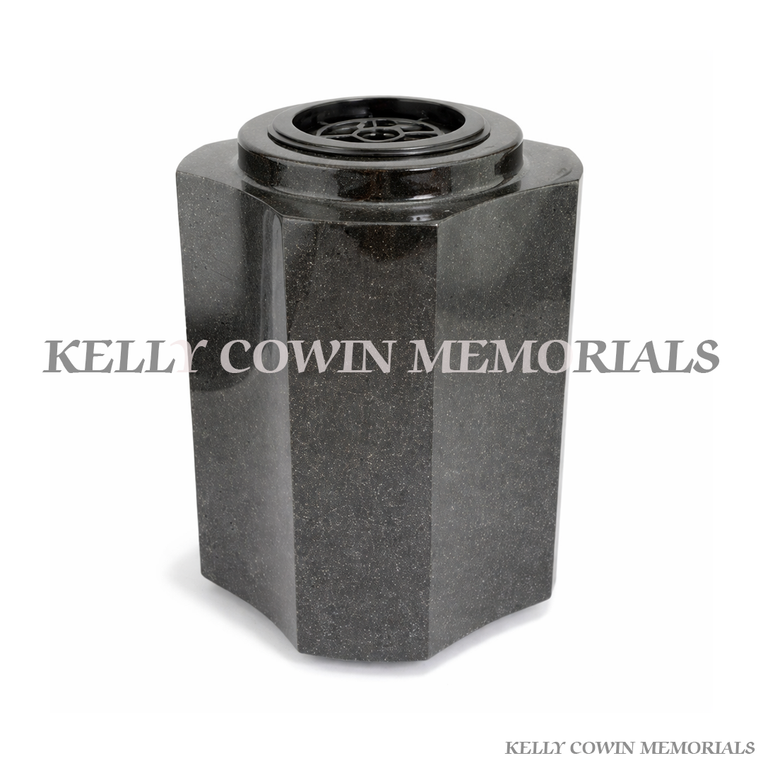 Polished black granite memorial flower vase for grave supplied by Kelly Cowin Memorials Ireland