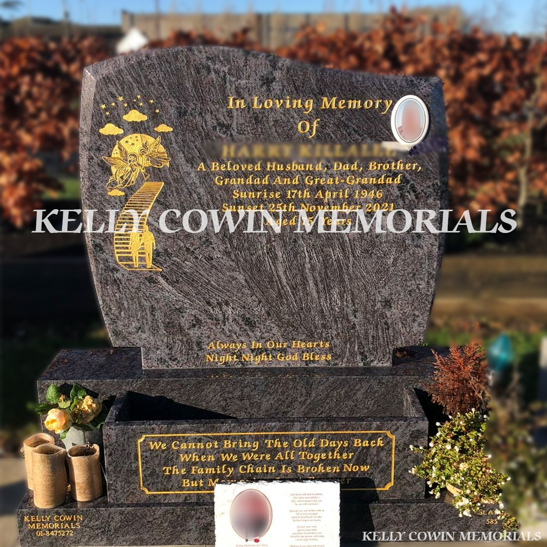 Front view of Blue Lagoon C1 shaped headstone with flower box and oval photograph erected in Dublin by Kelly Cowin Memorials