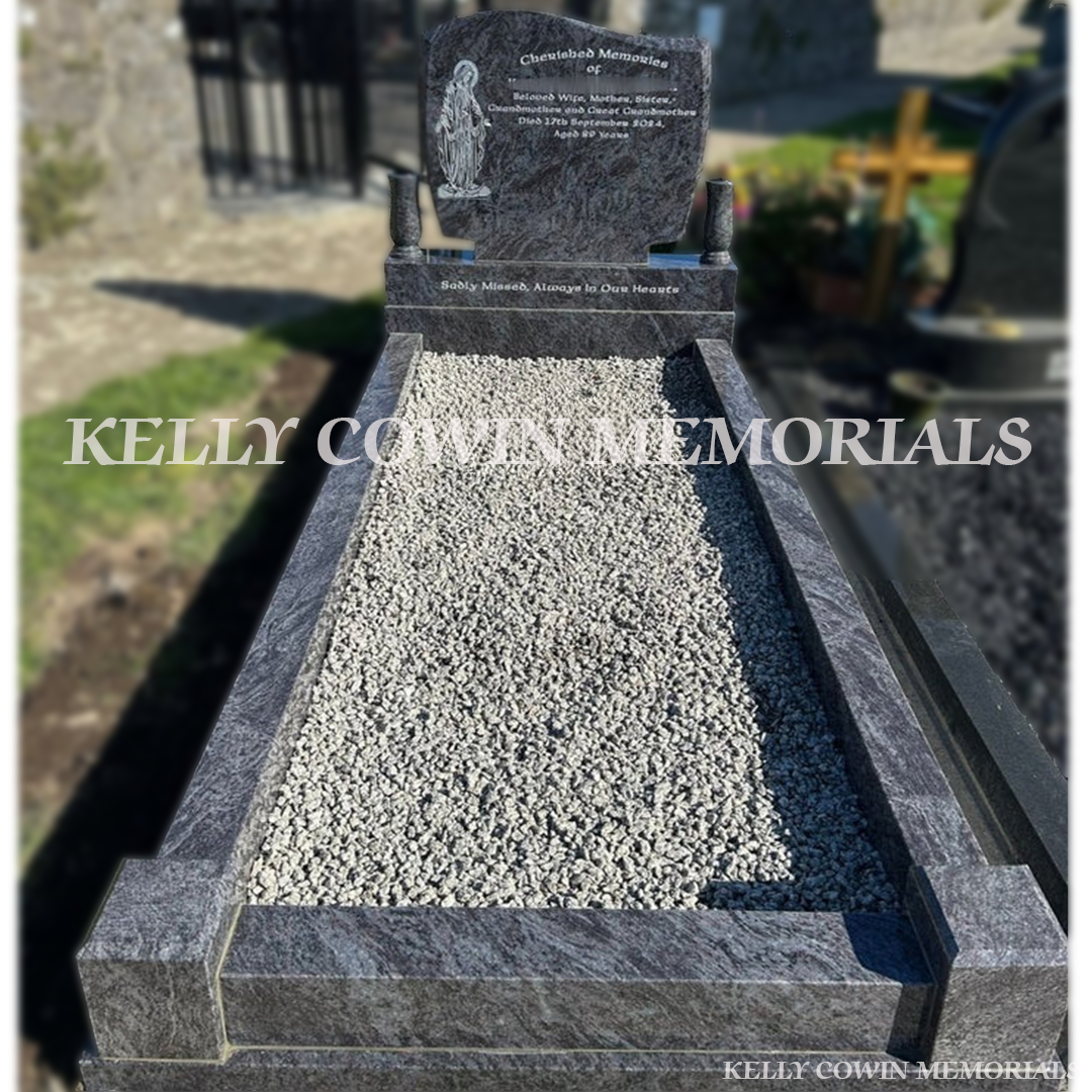Blue Lagoon (grey) C1 headstone and kerbing with decorative chippings 
installed in Baldongan Cemetery, Dublin by Kelly Cowin Memorials