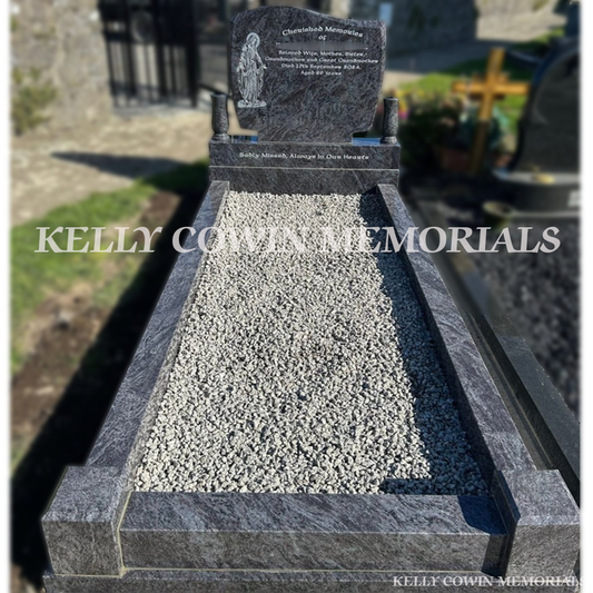 Blue Lagoon (grey) C1 headstone and kerbing with decorative chippings 
installed in Baldongan Cemetery, Dublin by Kelly Cowin Memorials