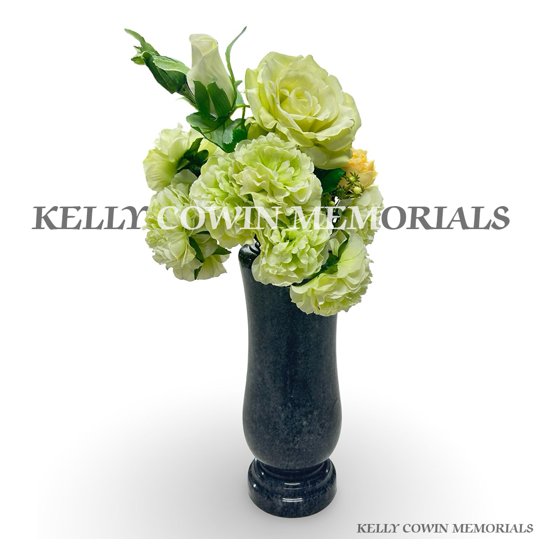 Front view of Blue Lagoon granite tall memorial vase
