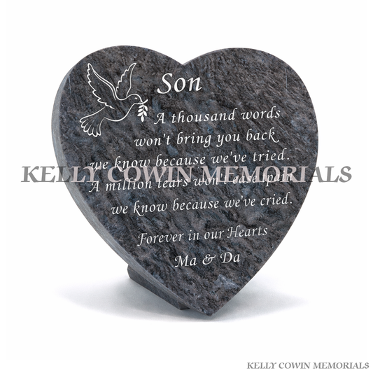 Blue Lagoon granite 12 inch heart shaped memorial plaque personalised for a son by Kelly Cowin Memorials Ireland
