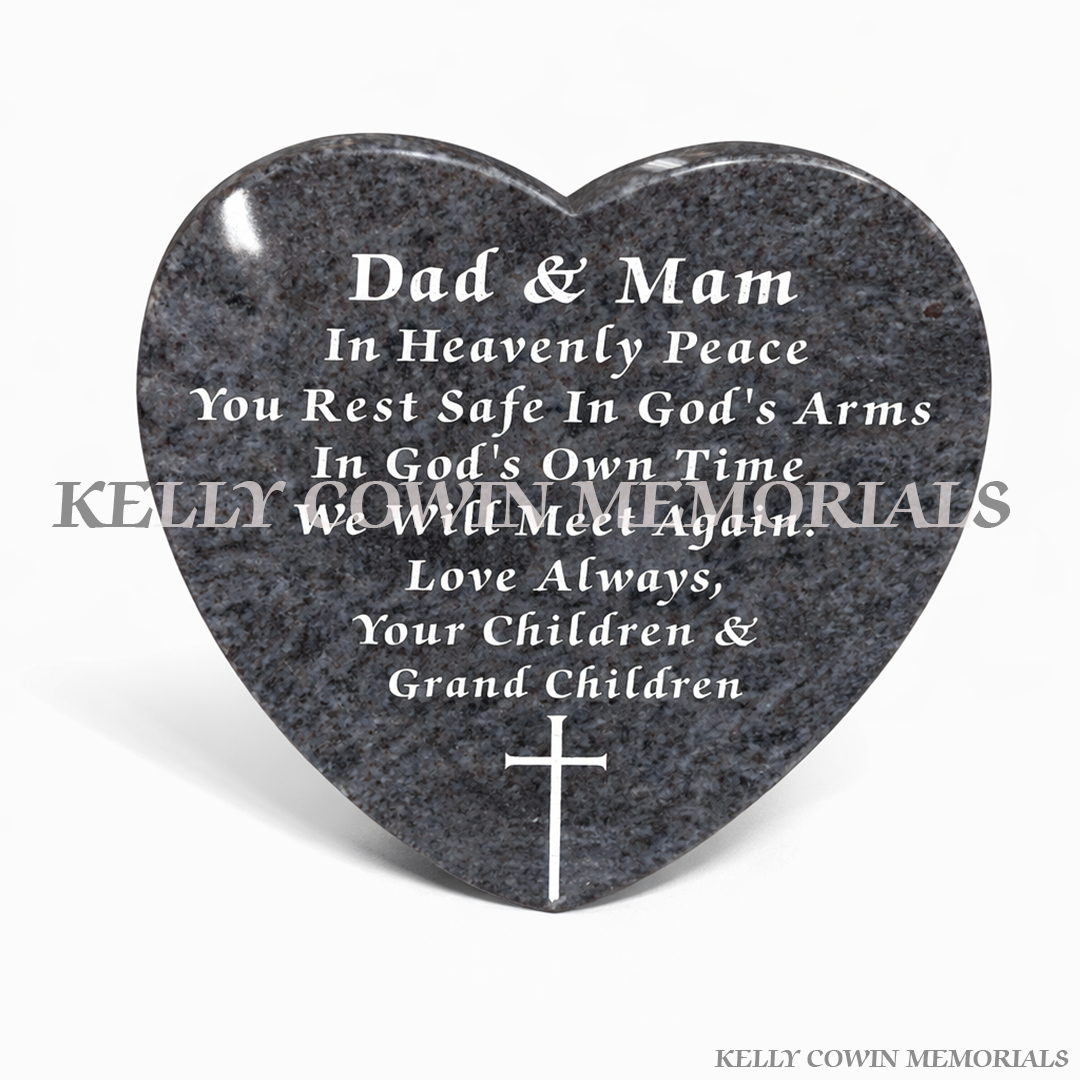 Blue Lagoon 12 inch heart shaped memorial plaque grave accessory with engraved inscription, available locally and nationwide in Ireland