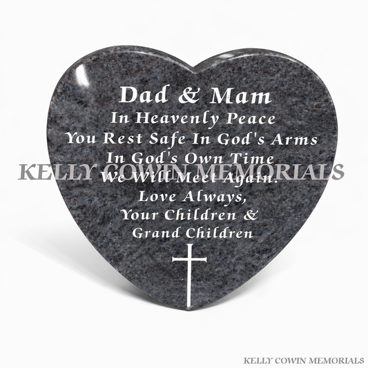 Blue Lagoon 12 inch heart shaped memorial plaque grave accessory with engraved inscription, available locally and nationwide in Ireland