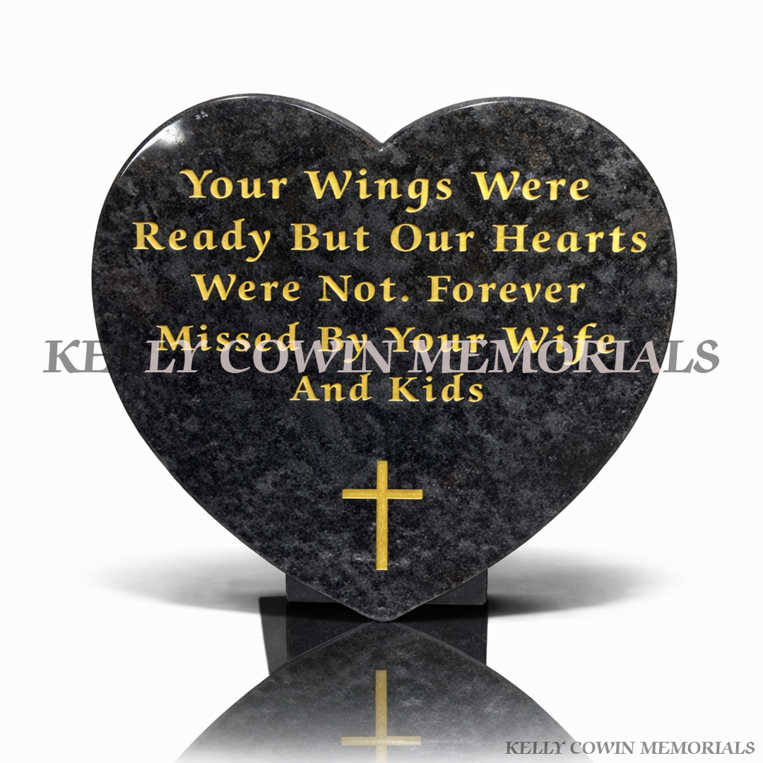 12 inch Blue Lagoon granite heart shaped memorial plaque with gold lettering by Kelly Cowin Memorials Ireland