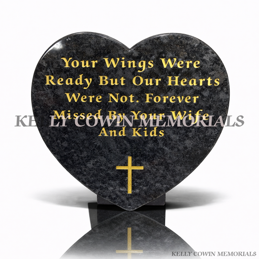12 inch Blue Lagoon granite heart shaped memorial plaque with gold lettering by Kelly Cowin Memorials Ireland