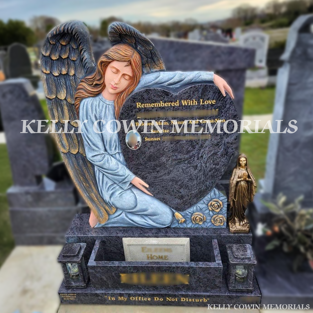 Blue Lagoon angel headstone with gold inscription erected in Balgriffin Cemetery Dublin by Kelly Cowin Memorials
