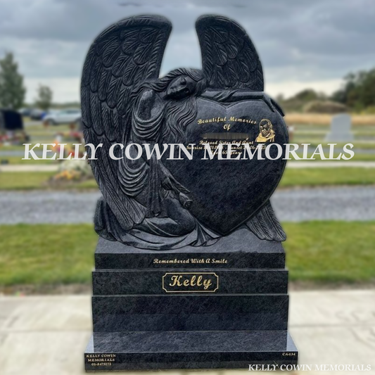 Front view of Blue Lagoon angel heart shaped headstone with gold inscription on sub-base and plinth in Dardistown Cemetery Dublin