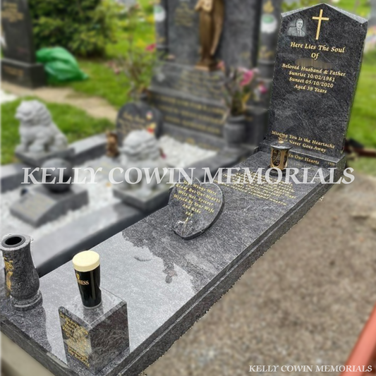 Blue Lagoon granite apex headstone with base, kerbing, and covering slab installed in Glasnevin Cemetery by Kelly Cowin Memorials