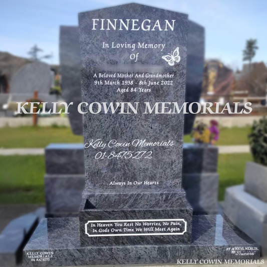 Front view of Blue Lagoon Apex headstone with base, plinth and flower box erected in Balgriffin Cemetery Dublin