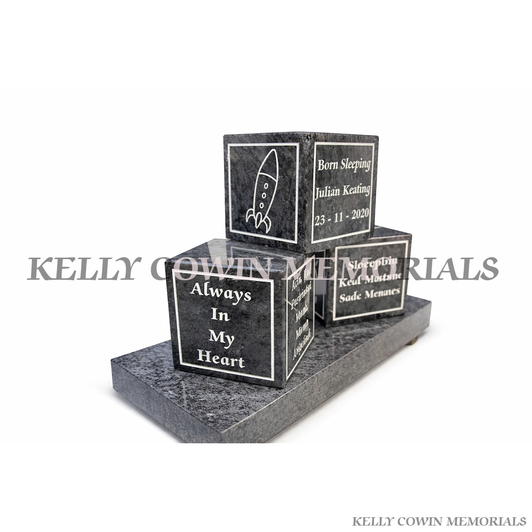 Blue Lagoon granite baby blocks memorial plaque personalised by Kelly Cowin Memorials Ireland