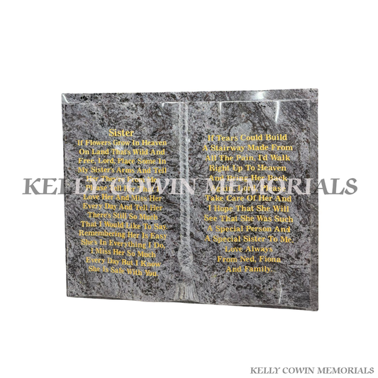 Blue Lagoon granite book memorial ornament for graves and headstones handcrafted in Dublin with nationwide delivery and fitting across Ireland