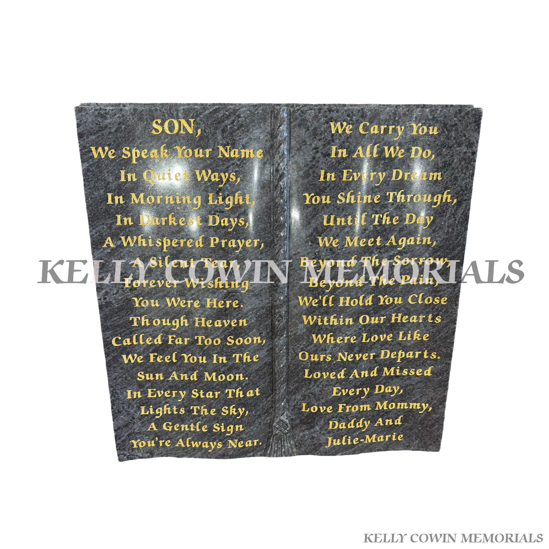 Blue Lagoon granite Bible grave accessory with engraved lettering for graves in Dublin and nationwide Ireland