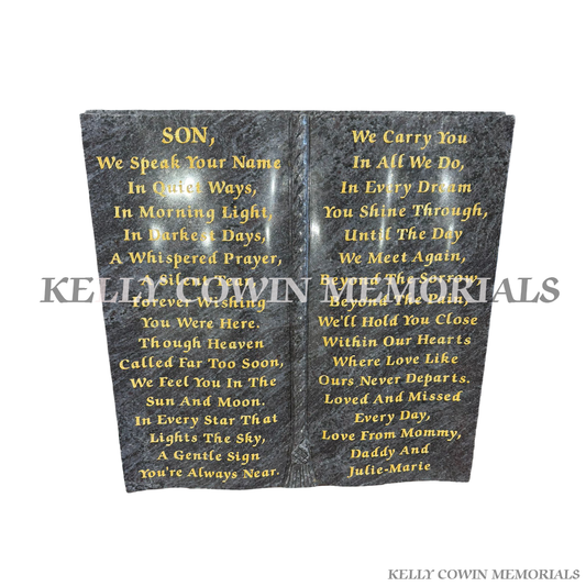 Blue Lagoon granite Bible grave accessory with engraved lettering for graves in Dublin and nationwide Ireland