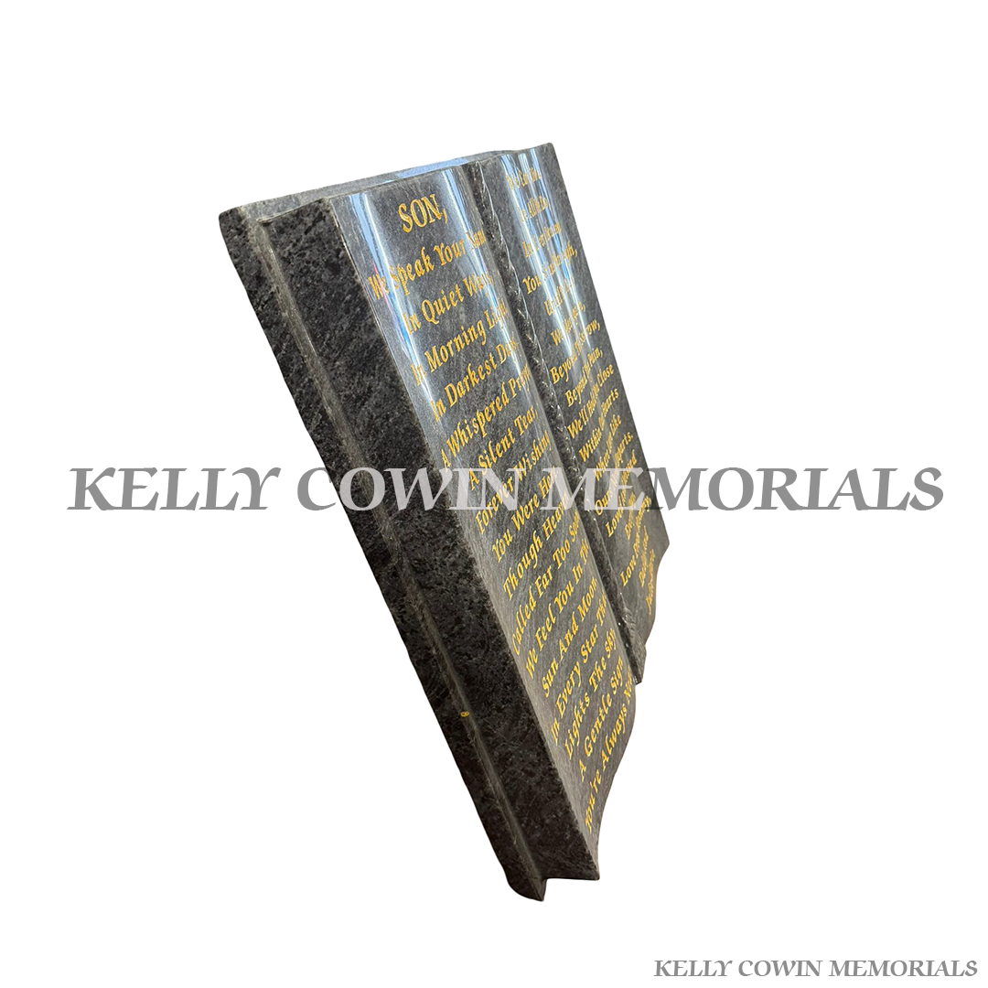Side View Blue Lagoon granite Bible grave accessory with engraved lettering for graves in Dublin and nationwide Ireland