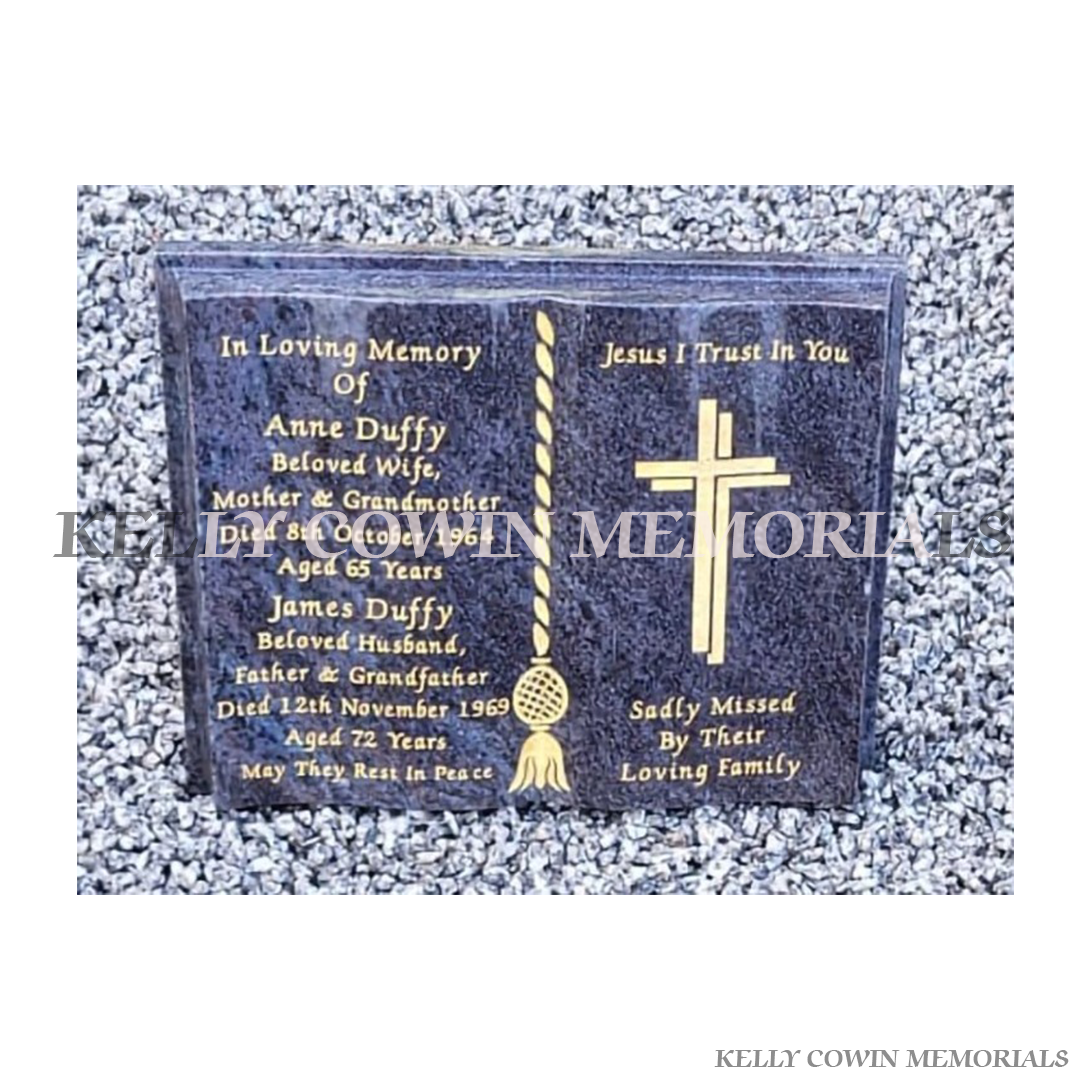 Blue Lagoon granite Bible memorial with engraved religious text for graves and headstones in Dublin and nationwide Ireland