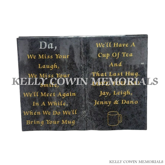 Blue Lagoon granite book memorial ornament for graves and headstones handcrafted in Dublin with nationwide delivery across Ireland