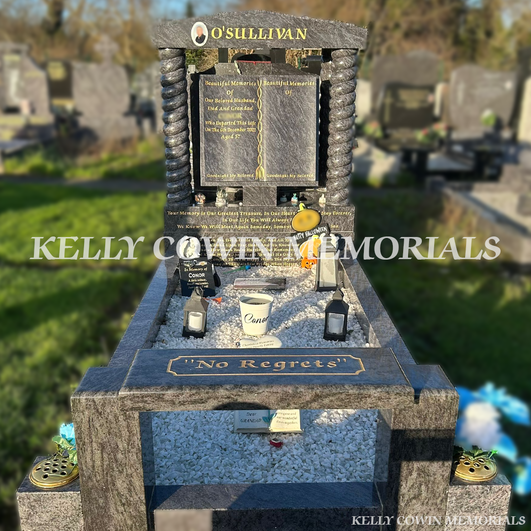 Blue Lagoon book shaped headstone with twisted pillars, kerbing and seat at Mulhuddart Cemetery Dublin