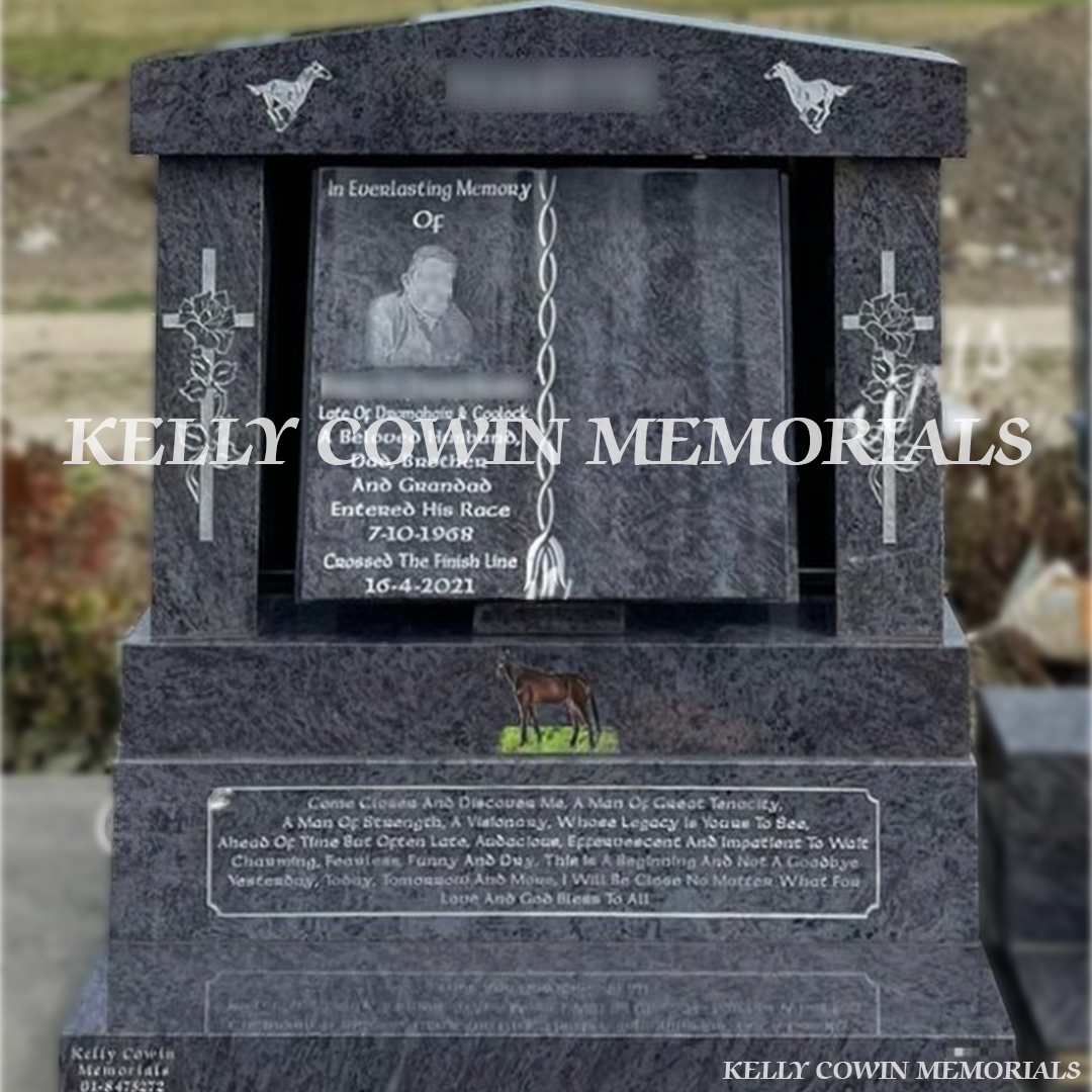 Blue Lagoon Book headstone with cap and pillars front view in Balgriffin Cemetery Dublin