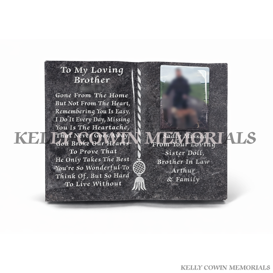 Blue Lagoon granite book memorial with ceramic photo insert by Kelly Cowin Memorials. Fully personalised and suitable for outdoor use. Local service and nationwide delivery across Ireland.