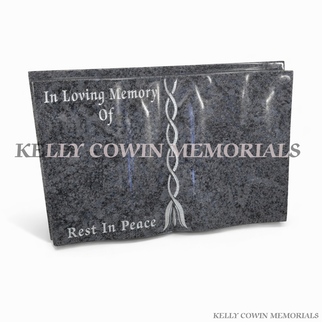 Blue Lagoon granite open book grave accessory memorial plaque with personalised engraving, available locally and nationwide in Ireland