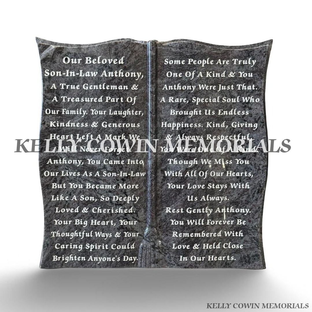 Large Blue Lagoon granite open Bible book memorial with personalised silver engraved inscription.